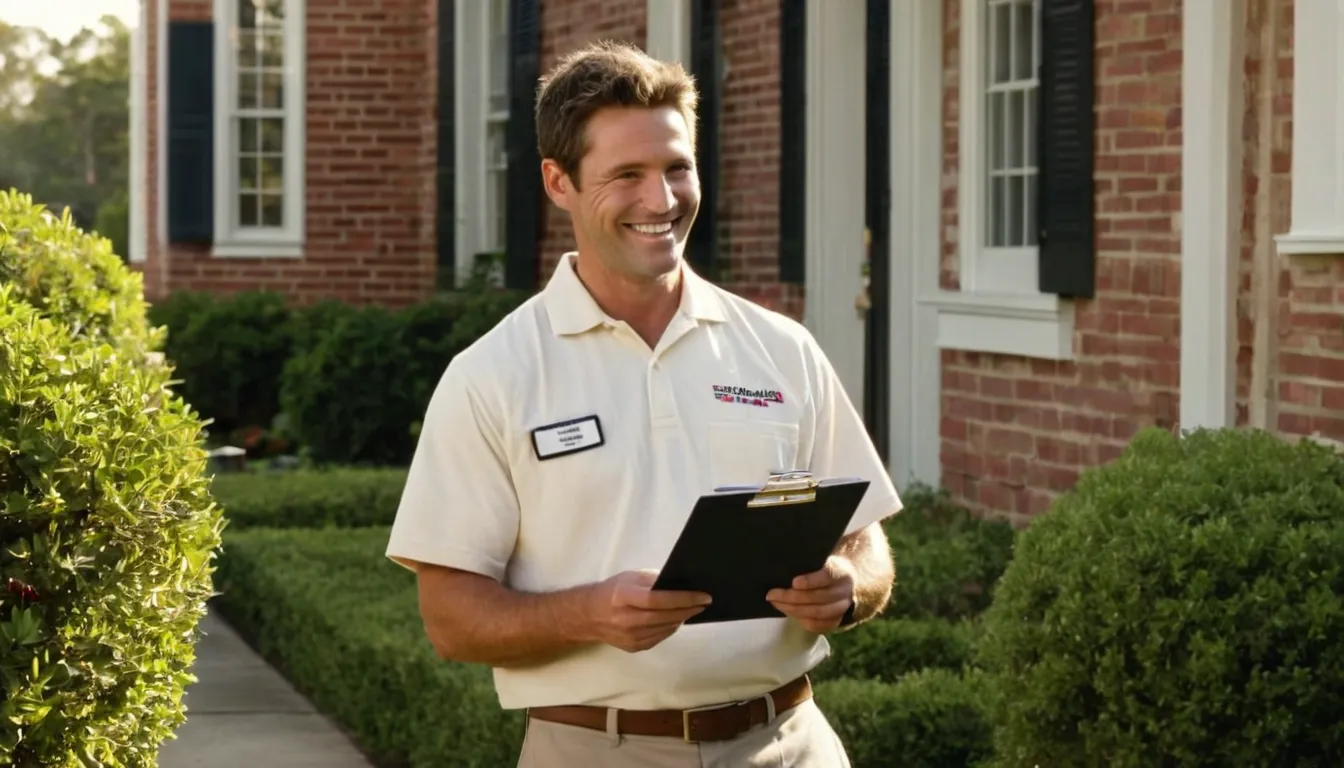 Friendly pest control provider talking with a homeowner at the front door of a Covington home